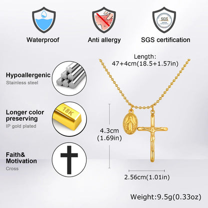 Catholic Cross Necklace for Men Boys,Gold Plated Stainless Steel Virgin Mary Prayer Necklace, Religious Faith Jewelry Gift