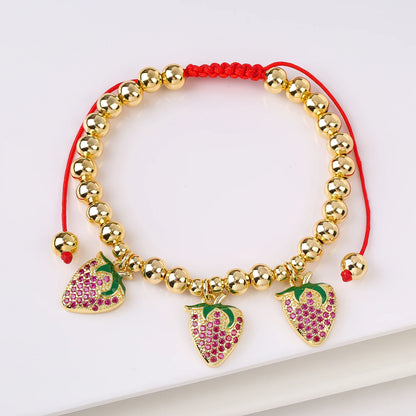 Gold Plated 6mm Copper Bead Chain Braided Fruit Cherry Crystal Adjustable Bracelet New Fashion Woman Girl Daily Wear Jewelry