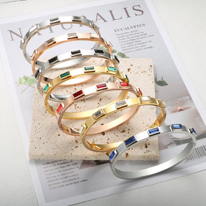 Luxury Open Cuff Bangles Bracelets Crystal Zirconia Rose Gold Color Stainless Steel Bracelet for Women Men  Fashion Jewelry