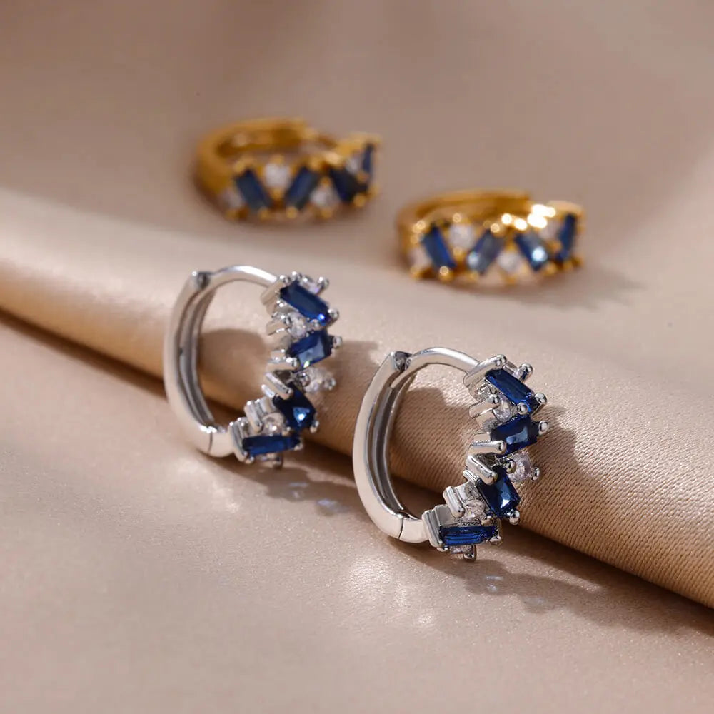 Blue Zircon Earring For Women Girls Stainless Steel Shiny Crystal Hoop Piercing Earring 2024 Trend Luxury Wedding Jewelry Gift
