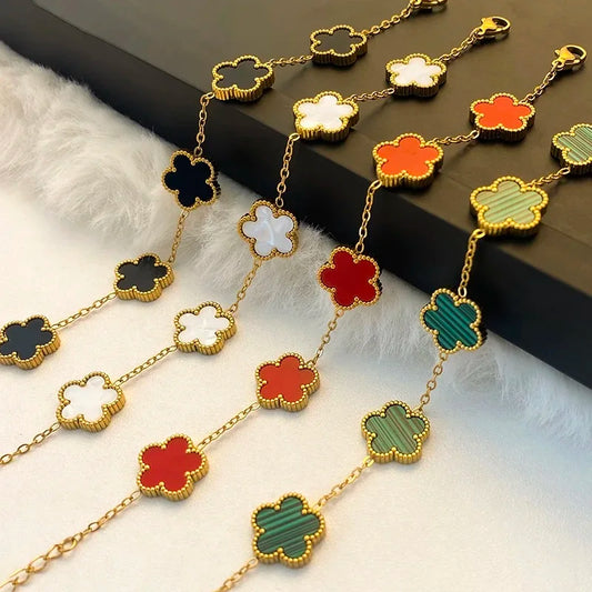 High-Quality Gold-Plated Stainless Steel Five-Leaf Flower Adjustable Bracelet Luxury For Woman New Casual Holiday Jewelry Clover