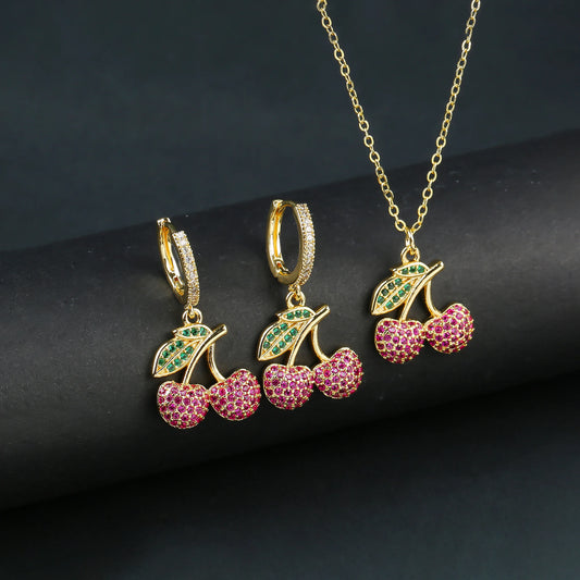 Light Luxury Crystal Zirconia Red Cherry Jewelry Set Earrings Necklace for Women Girls Sweet Jewelry Accessories Party Gifts
