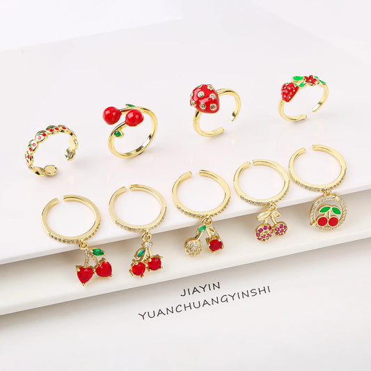 Sweet And Lovely Fruit Cherry Crystal Zirconia Opening Adjustable Ring Simple For Woman Girl Daily Party New Fashion Jewelry