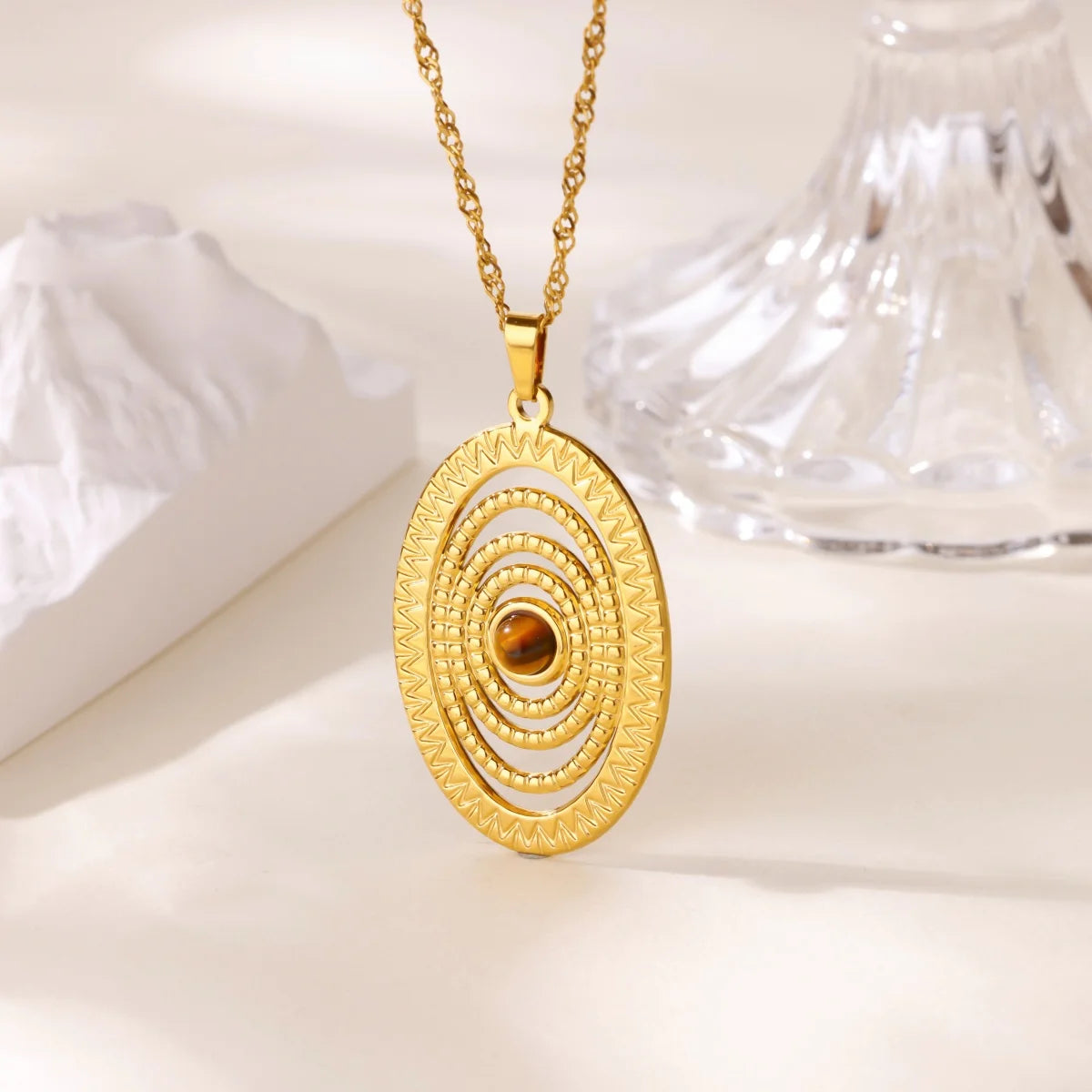 Free Shipping Vintage Hollow Oval Opal Pendant Necklaces For Women Stainless Steel Chain Collar Necklace 2025 New Jewelry