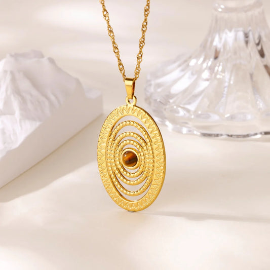 Free Shipping Vintage Hollow Oval Opal Pendant Necklaces For Women Stainless Steel Chain Collar Necklace 2025 New Jewelry
