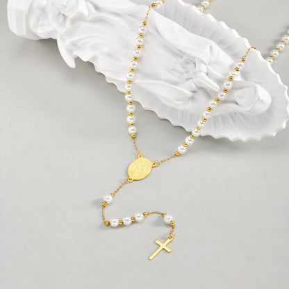 Imitation Pearl Beaded Chain Holy Virgin Mary Y-Shaped Necklace, Stainless Steel Cross Pendant Necklace,Religious Prayer Jewelry