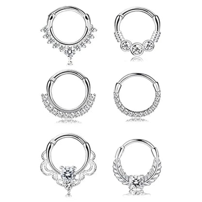 6Pcs 16G Fashion Stainless Steel Septum Clicker Nose Rings,Cartilage Tragus Helix Daith Earring Hypoallergenic Piercing Jewelry