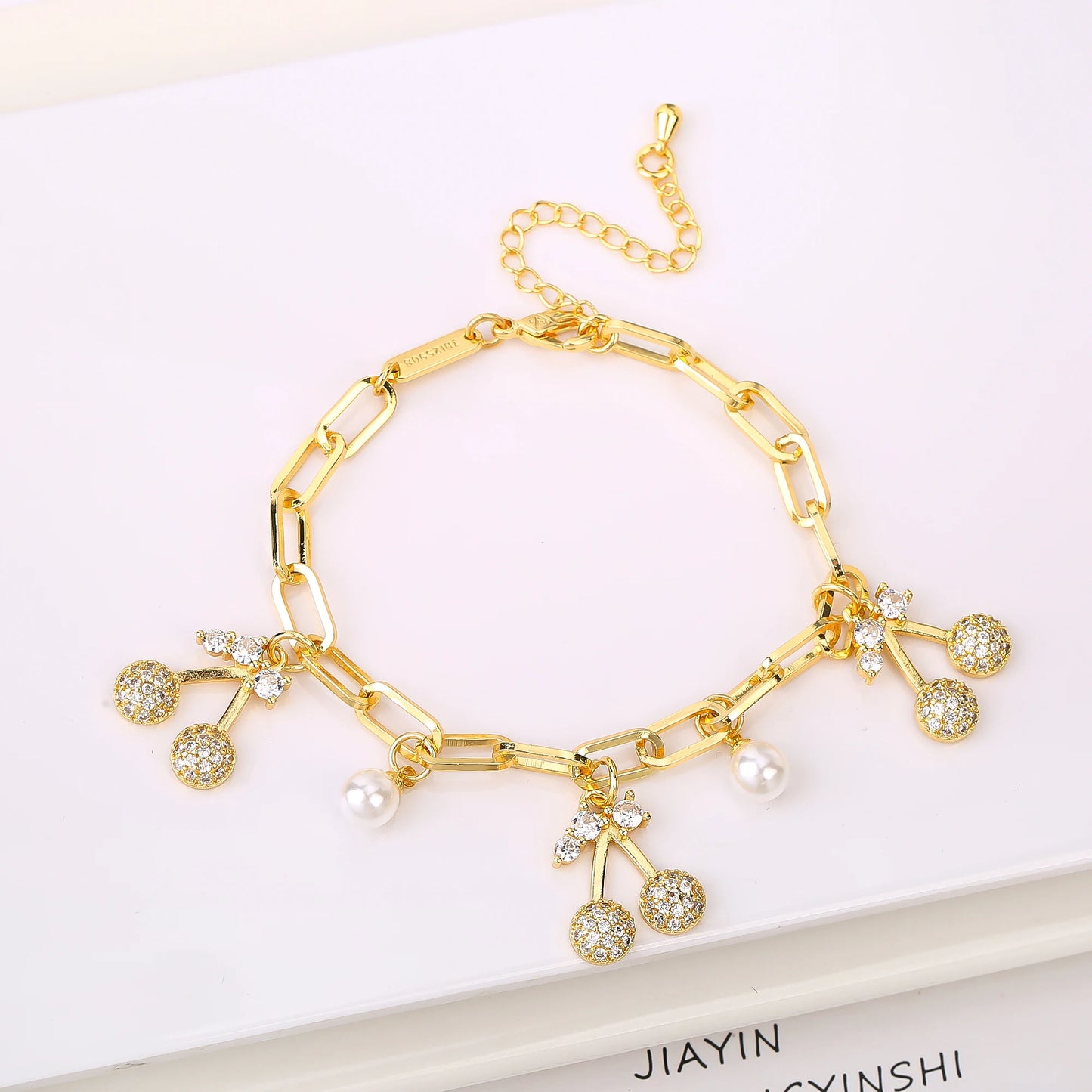 17 Colors Gold Plated Fruit Cherry Crystal Zirconia Adjustable Pearl Bracelet Luxury for Women Girls Casual Daily Party Jewelry