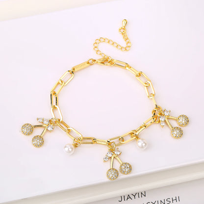 17 Colors Gold Plated Fruit Cherry Crystal Zirconia Adjustable Pearl Bracelet Luxury for Women Girls Casual Daily Party Jewelry