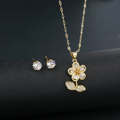 2pcs Sparkling Crystals Botanical Sunflower Necklace Earrings Jewelry Set for Woman New Fashion Casual Party Jewelry GirlGift