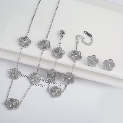 Simple Stainless Steel Laser Plum Blossom Five Leaf Flower Bracelet Necklace Earrings Jewelry Set Women's Party Jewelry Clover