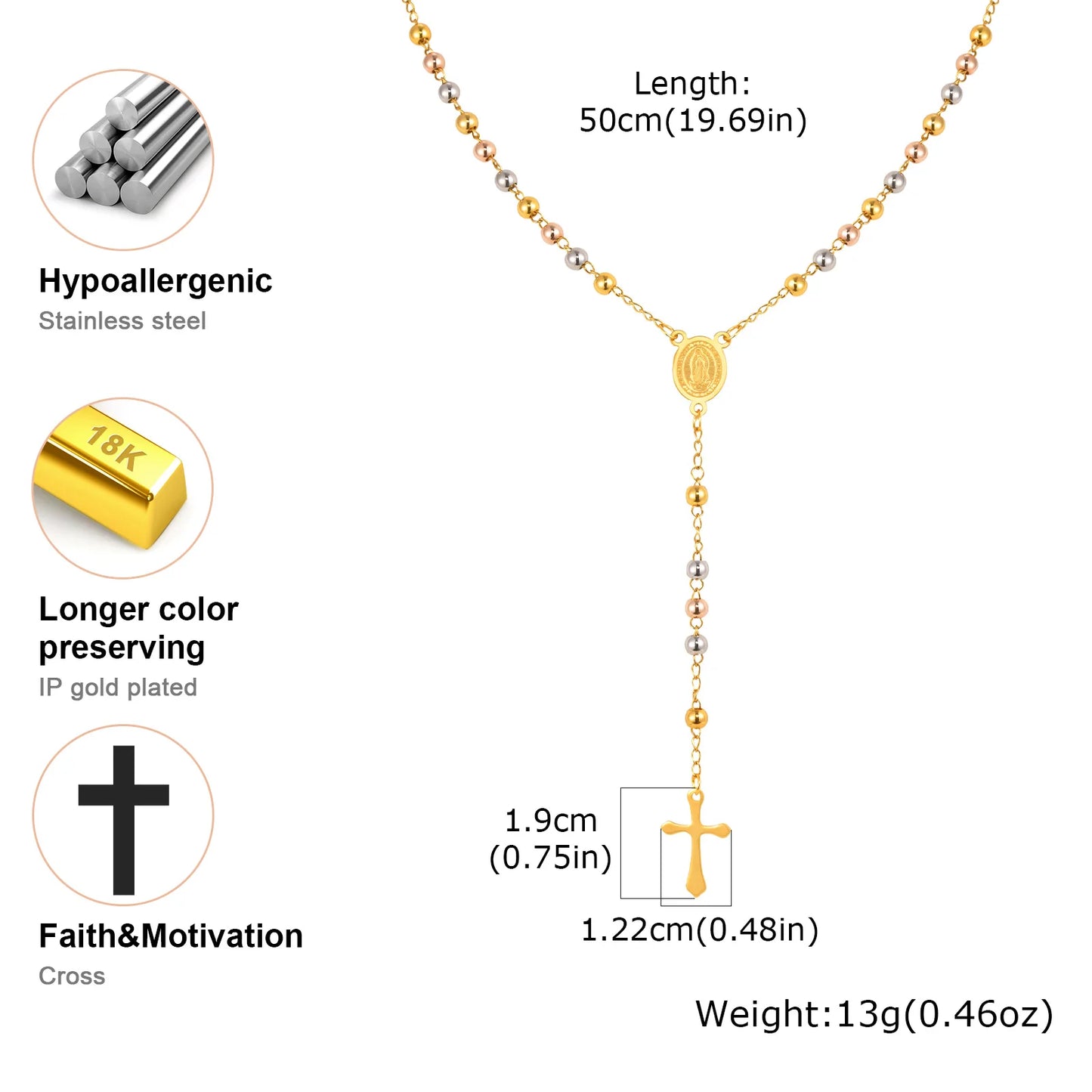 Tri-color Beaded Virgin Mary Y-shaped Necklace, Holy Spirit Cross Pendant Necklace for Women, Stainless Steel Religious Jewelry