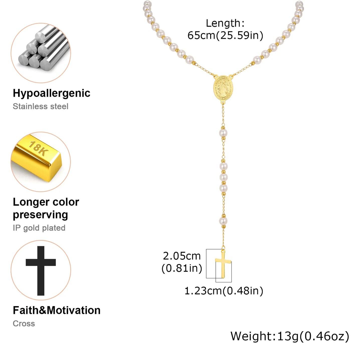 Imitation Pearl Beaded Chain Holy Virgin Mary Y-Shaped Necklace, Stainless Steel Cross Pendant Necklace,Religious Prayer Jewelry