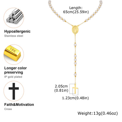 Imitation Pearl Beaded Chain Holy Virgin Mary Y-Shaped Necklace, Stainless Steel Cross Pendant Necklace,Religious Prayer Jewelry