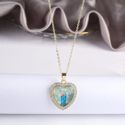Fine Trendy Heart Shape Religious Figure Virgin Mary Pendant Necklace Fine Holiday Party Catholic Jewelry Gift Wholesale
