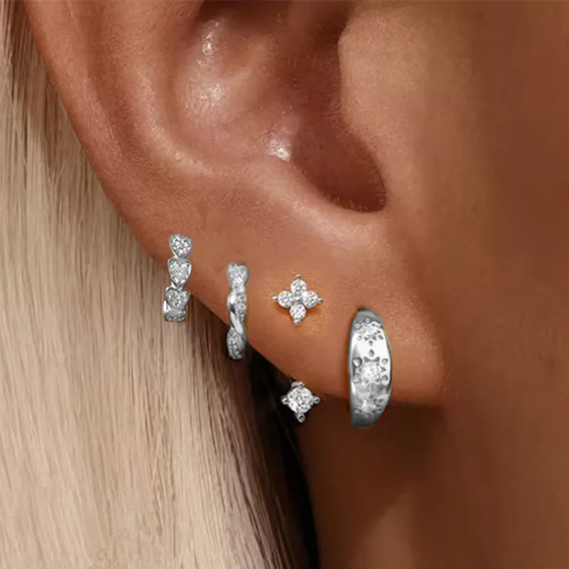 4PCS Fashion Stainless Steel Zirconia Star Huggie Hoop Earrings Set for Women Curious Pendant Flower Ear Stud Piercing Jewelry