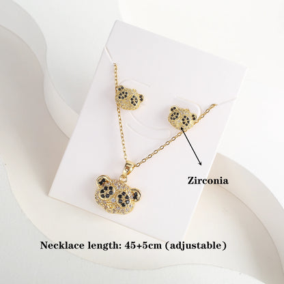 New Cute Zirconia Animal Bear Dolphin Leopard Dog Pendant Necklace Set Girls Anti-Allergy Earrings Holiday Party Gift Wholesale
