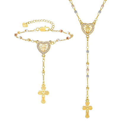 Zirconia Heart Virgin Mary Rosary Bead Cross Necklace for Women, Long Chain Cross Pendant Christian Catholic Religious Jewelry