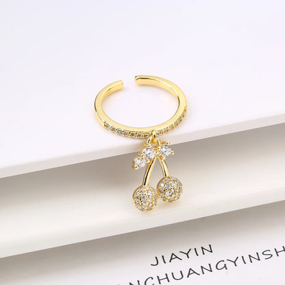 Sweet And Lovely Fruit Cherry Crystal Zirconia Opening Adjustable Ring Simple For Woman Girl Daily Party New Fashion Jewelry