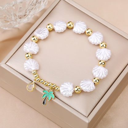 New Trend White Shell Shape Beads Stretch Bracelet Ocean Theme Fish Crab Tree Beetle Charm Gold Color Copper Beads Bracelet