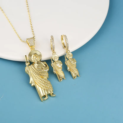 18K Gold Plated Religious Figures St. Jude Necklace Earrings Jewelry Set Simple for Woman Christian Catholic Jewelry Daily Wear