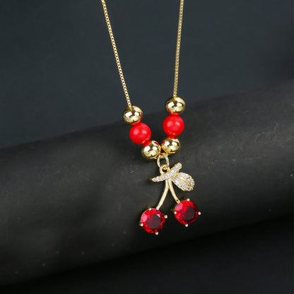 Hot Sale Crystal Red Cherry Pendant Necklace For Woman Gold Plated Fruit Collarbone Chain Fashion Daily Party Jewelry Gift