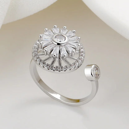 Versatile Flower Rotatable Cubic Zirconia Size Adjustable Rings For Women Gold Copper Metal Ring Party Jewelry