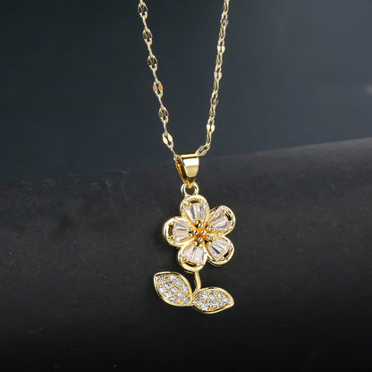 INS Hot Sale Plant Sunflower Crystal Necklace Flower Pendant for Women Girls Casual Party Trend Neck Jewelry Accessories