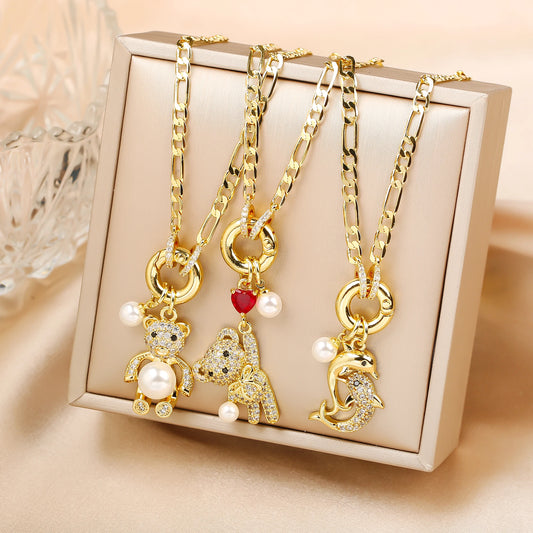 New Creative Zirconia Dolphin Bear Ladies Clavicle Chain Choker Cute Animal Pendant Necklace Aesthetic Neck  Jewelry Fine Gift
