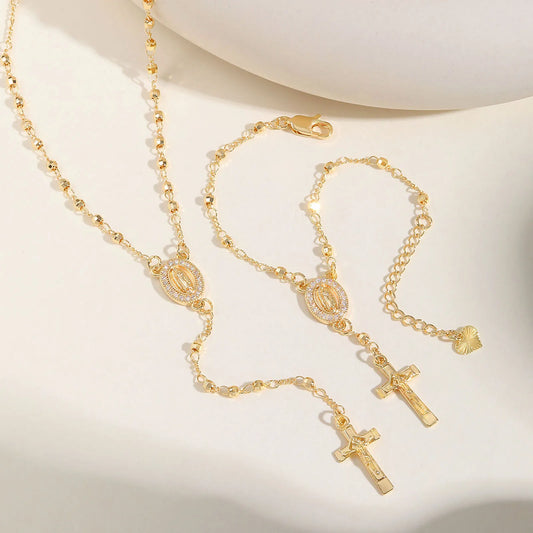 Catholic Cubic Zirconia Rosary Cross Beaded Link Bracelets, Oval Jesus Coss Jewelry, Religion Gold Plated Bracelet
