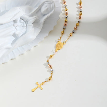 Tri-color Beaded Virgin Mary Y-shaped Necklace, Holy Spirit Cross Pendant Necklace for Women, Stainless Steel Religious Jewelry