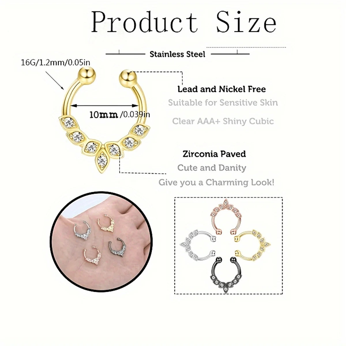 1/4Pcs Simple Fashion Stainless Steel Fake Septum Nose Ring, Clip On Cubic Zerconia Faux Nose Rings Non Piercing Septum Jewelry