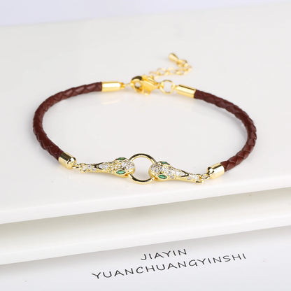 High Quality Zirconia Puppy Snake Elephant Cat Leopard Animal Theme Leather Rope Braided Bracelet for Man Woman Party Jewelry