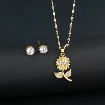 2pcs Sparkling Crystals Botanical Sunflower Necklace Earrings Jewelry Set for Woman New Fashion Casual Party Jewelry GirlGift