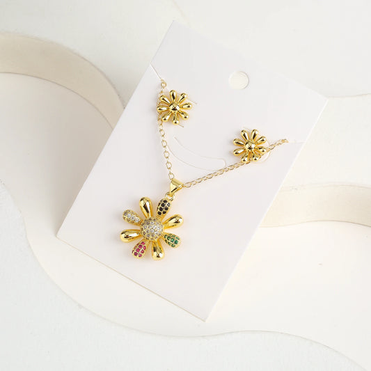 High Quality Gold Plated Sunflower Comma Necklace Earrings Jewelry Set Hip Hop for Women Girls Party Jewelry Accessories Gift