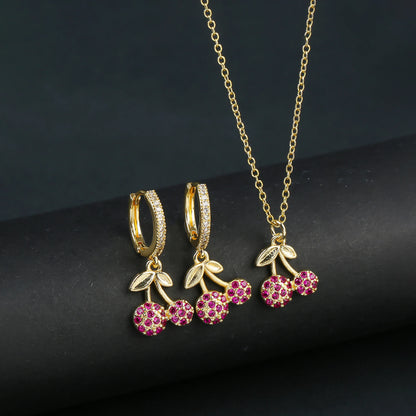Light Luxury Crystal Zirconia Red Cherry Jewelry Set Earrings Necklace for Women Girls Sweet Jewelry Accessories Party Gifts
