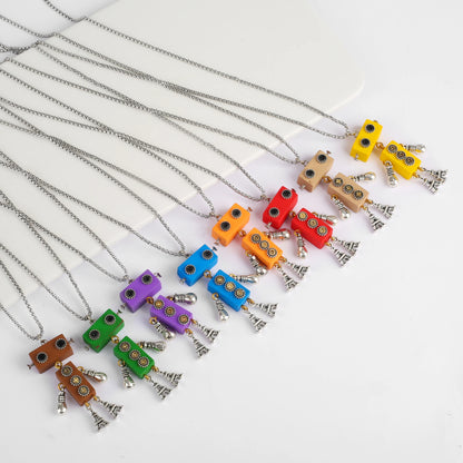 New Creative Wood Robot Pendant Necklace Personality Cartoon Sweater Chain Fashion For Men Women Party Jewelry Gift Wholesale