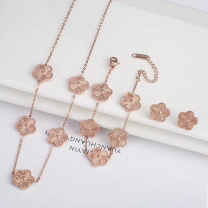 Simple Stainless Steel Laser Plum Blossom Five Leaf Flower Bracelet Necklace Earrings Jewelry Set Women's Party Jewelry Clover