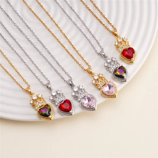 High Grade Crown Heart Zircon Pendant Necklace Stainless Steel Chains Geometric Choker Jewelry Party Gifts For Women Girls
