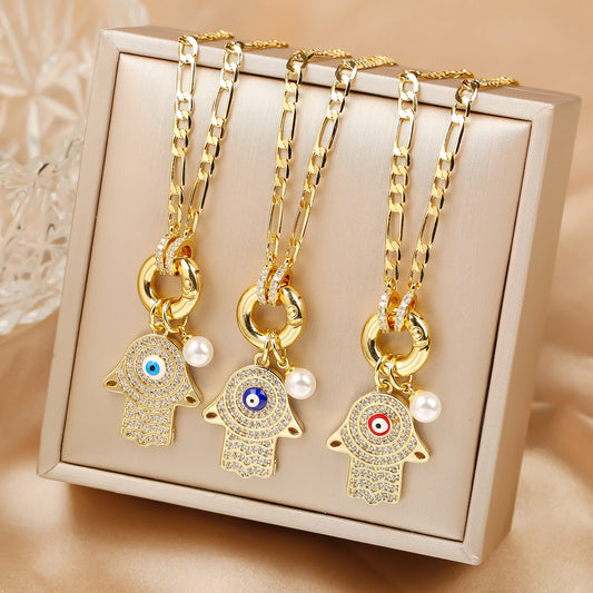 Punk Style Full Zirconiac Evil Eye Palm Pearl Pendant Necklace Luxury For Man Woman Daily Wear Clavicle Chain Jewelry Party Gift