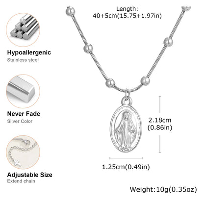 Holy Virgin Rosary Necklace for Women,Stainless Steel Bead Snake Chain Necklaces,Classic Religion Jewelry Gift