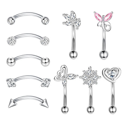 10Pcs 316L Stainless Steel Cubic Zirconia Heart Rooking Eyebrow Rings Set,Daith Cartilage Conch Rook Eyebrow Piercing Jewelry