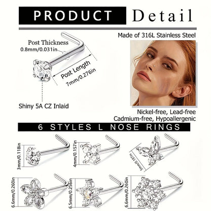 6Pcs 20G 316 Stainless Steel Elegant Screw Nose Rings for Women,Shiny Cubic Zirconia - L-shaped L Shape Nose Piercings Jewelry