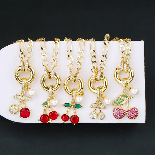 9 Color Fruit Cherry Strawberry Crystal Pendant Necklace 3:1 Chain Jewelry Lucky for Woman Casual Holiday Aesthetic Jewelry Gift