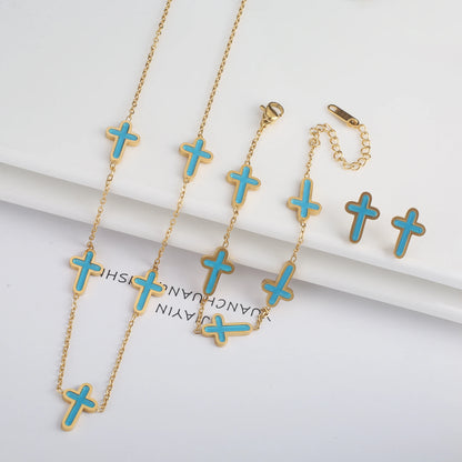 3PCS Hot Sale Stainless Steel Cross Bracelet Jewelry Set Necklace Earrings Charming for Women Luxury Daily Party Jewelry Gift