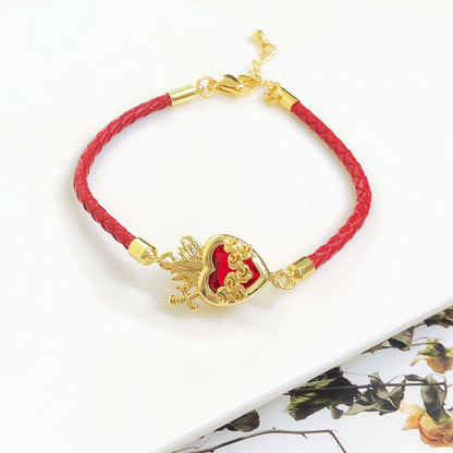 New Arrival Red Heart-Shaped Crystal Gold-Plated Flower Leaf Leather Bracelet Luxury For Women Girls Travel Vacation Jewelry