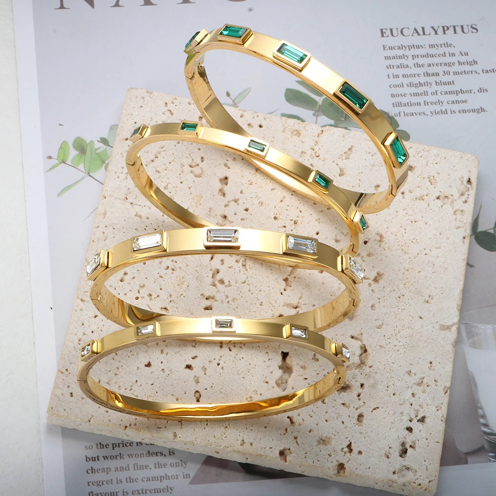 Luxury Open Cuff Bangles Bracelets Crystal Zirconia Rose Gold Color Stainless Steel Bracelet for Women Men  Fashion Jewelry