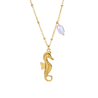 Free Shipping Vintage Imitation Pearl Seahors Necklace For Women Stainless Steel Geometric Chain Pendant Necklace Luxury Jewelry