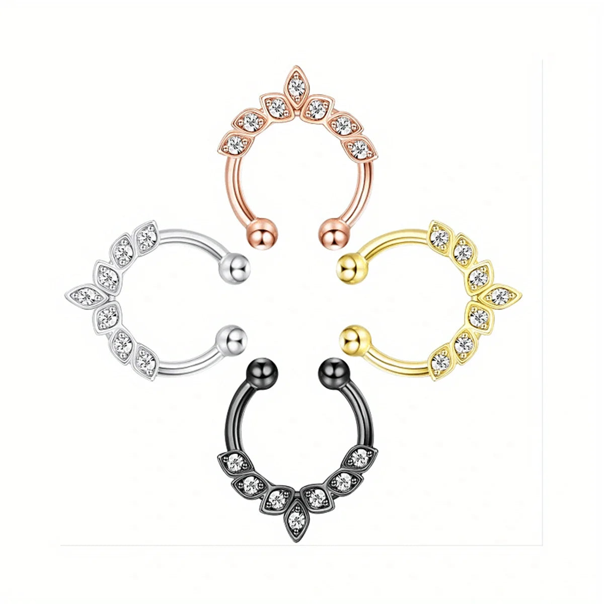 1/4Pcs Simple Fashion Stainless Steel Fake Septum Nose Ring, Clip On Cubic Zerconia Faux Nose Rings Non Piercing Septum Jewelry