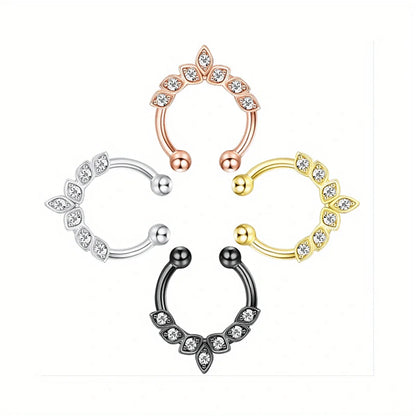 1/4Pcs Simple Fashion Stainless Steel Fake Septum Nose Ring, Clip On Cubic Zerconia Faux Nose Rings Non Piercing Septum Jewelry